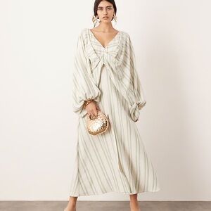 NWOT ASOS EDITION vneck drapey maxi dress in linen mix cream green stripe size 6